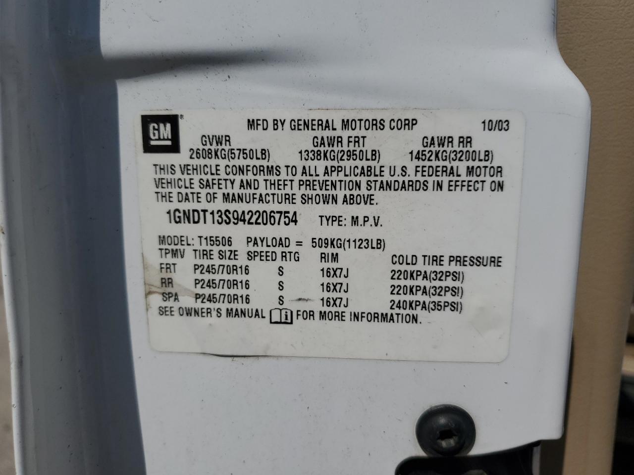 1GNDT13S942206754 2004 Chevrolet Trailblazer Ls