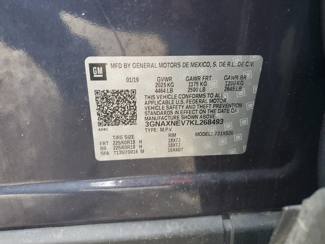 3GNAXNEV7KL268493 2019 Chevrolet Equinox Premier