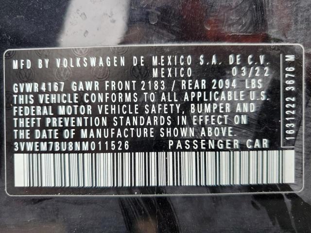 2022 Volkswagen Jetta Se VIN: 3VWEM7BU8NM011526 Lot: 50820284