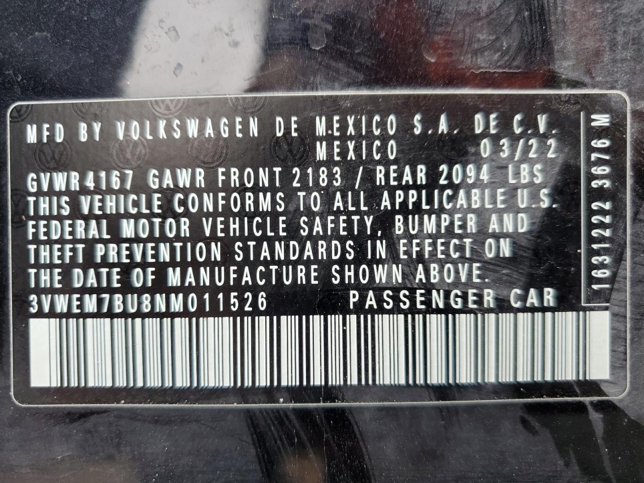 3VWEM7BU8NM011526 2022 Volkswagen Jetta Se