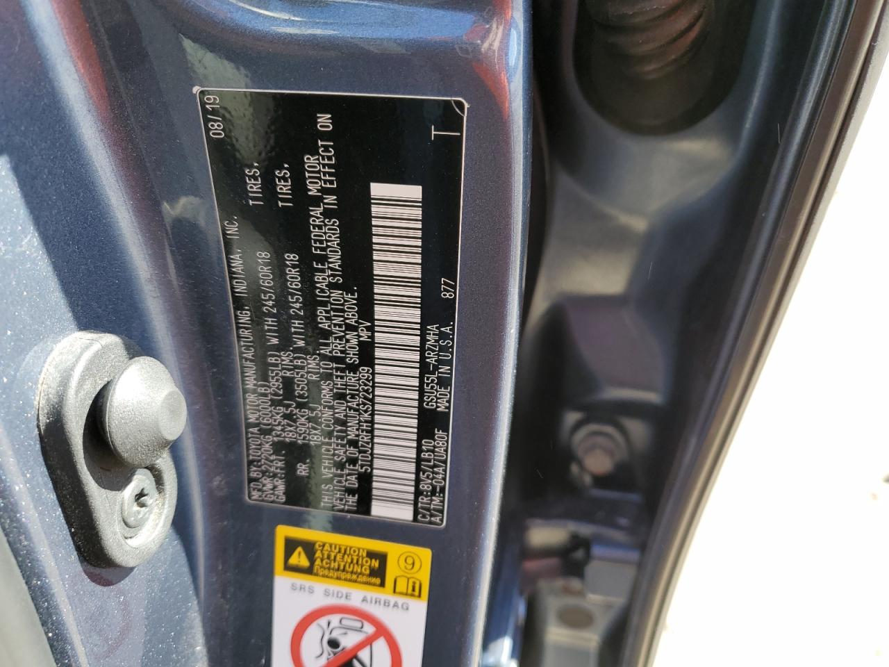 5TDJZRFH1KS723299 2019 Toyota Highlander Se