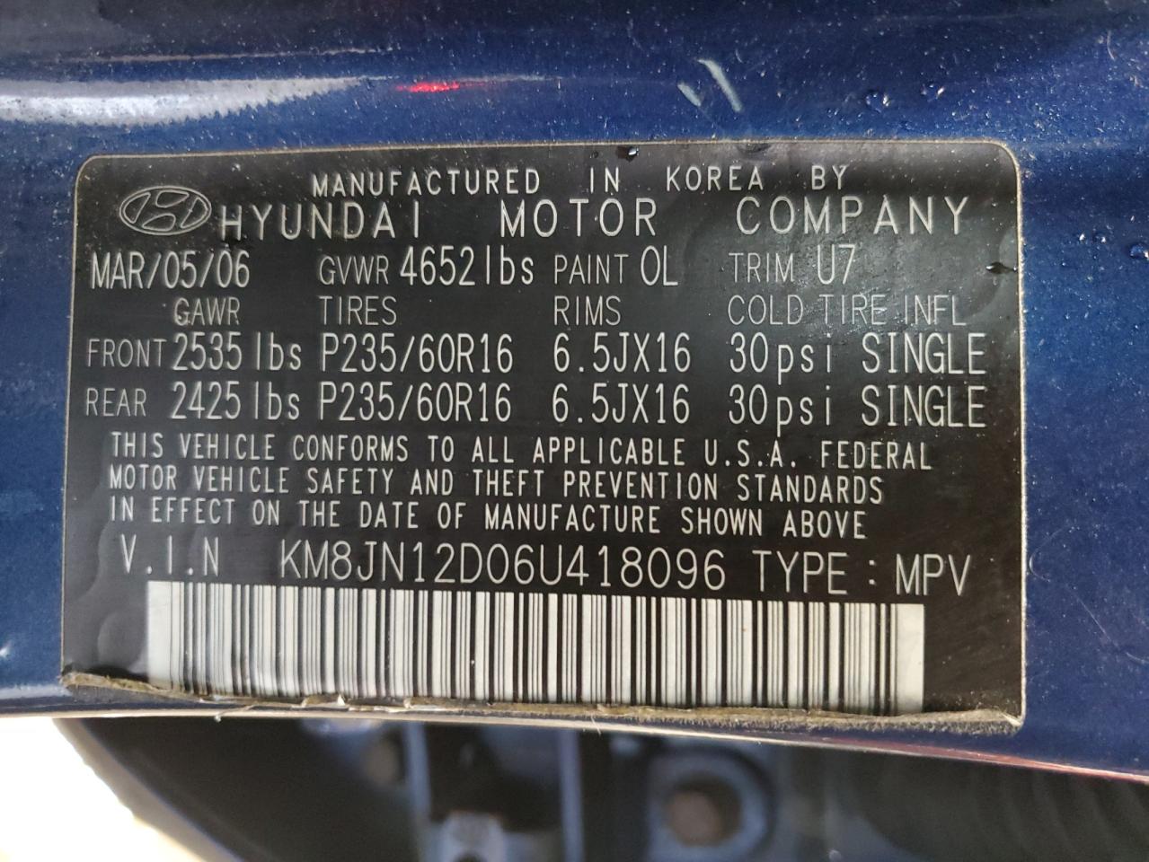 KM8JN12D06U418096 2006 Hyundai Tucson Gls