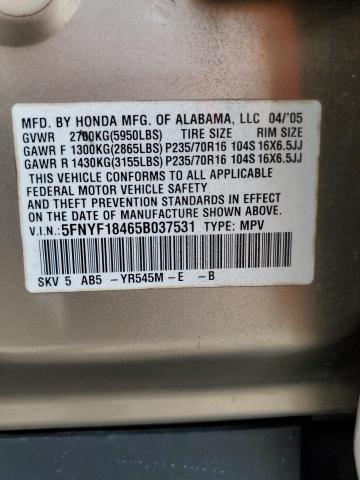 2005 Honda Pilot Ex VIN: 5FNYF18465B037531 Lot: 52665704