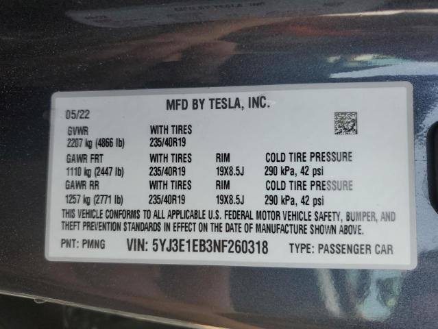 2022 Tesla Model 3 VIN: 5YJ3E1EB3NF260318 Lot: 52654664