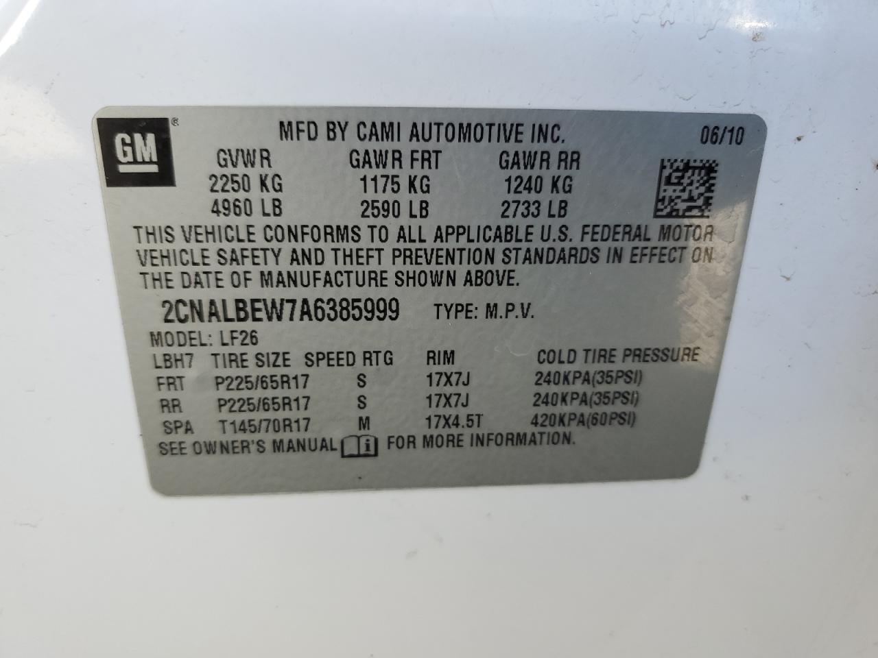 2CNALBEW7A6385999 2010 Chevrolet Equinox Ls