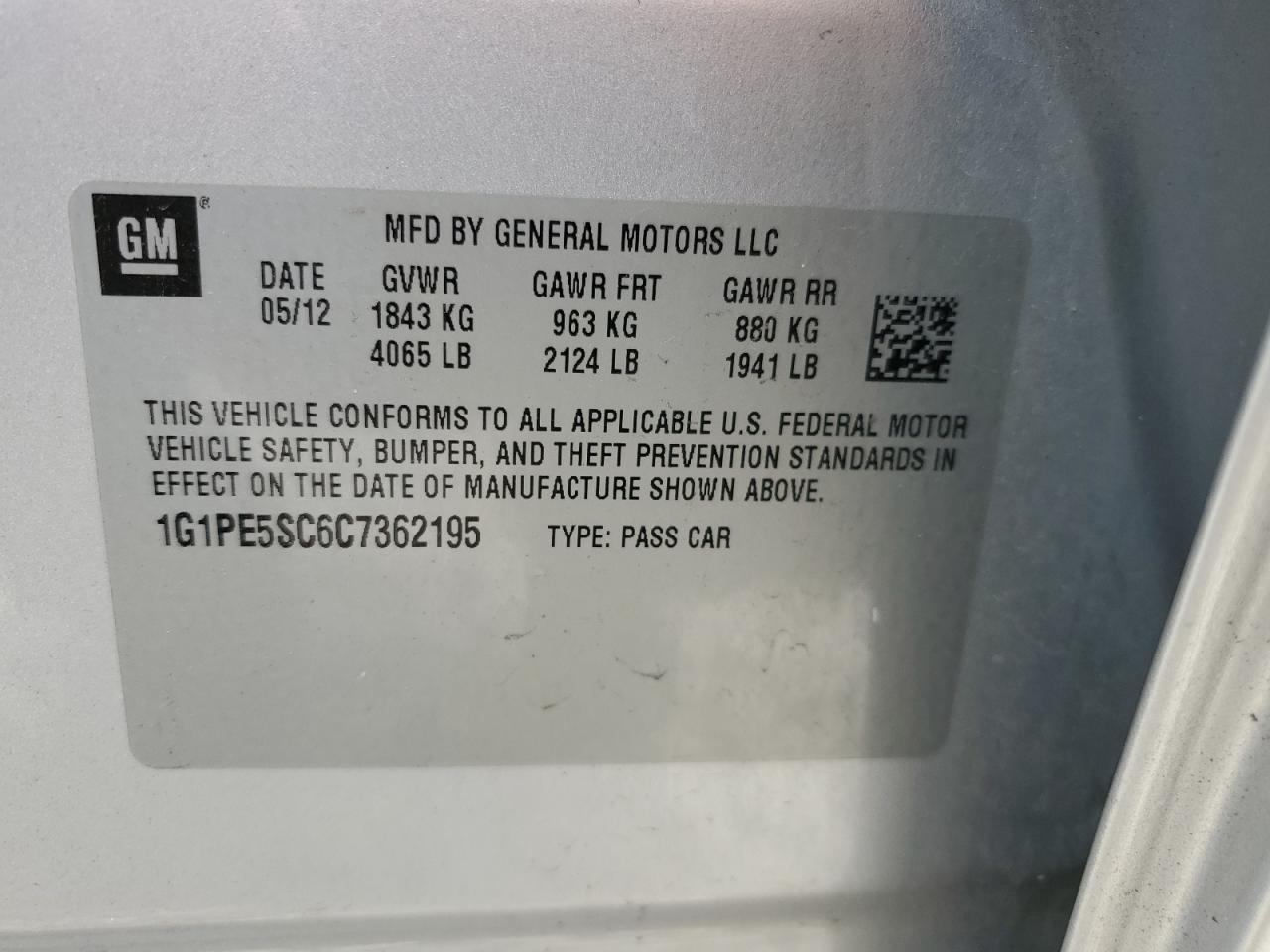 1G1PE5SC6C7362195 2012 Chevrolet Cruze Lt