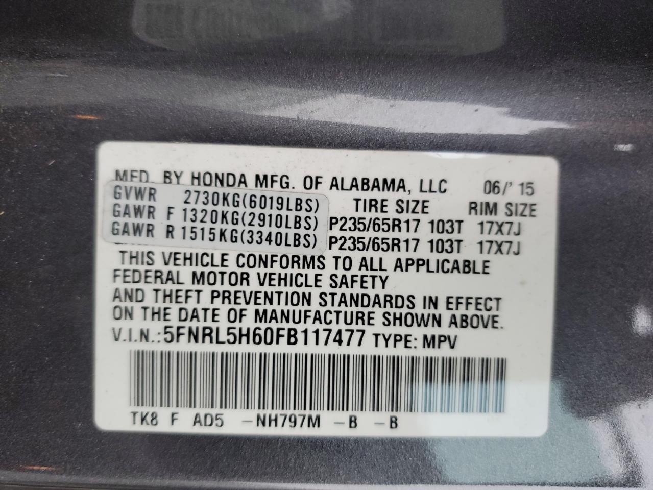 5FNRL5H60FB117477 2015 Honda Odyssey Exl