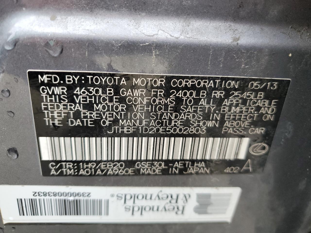 JTHBF1D20E5002803 2014 Lexus Is 250