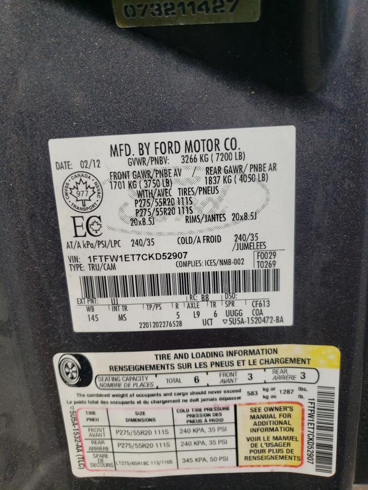 1FTFW1ET7CKD52907 2012 Ford F150 Supercrew