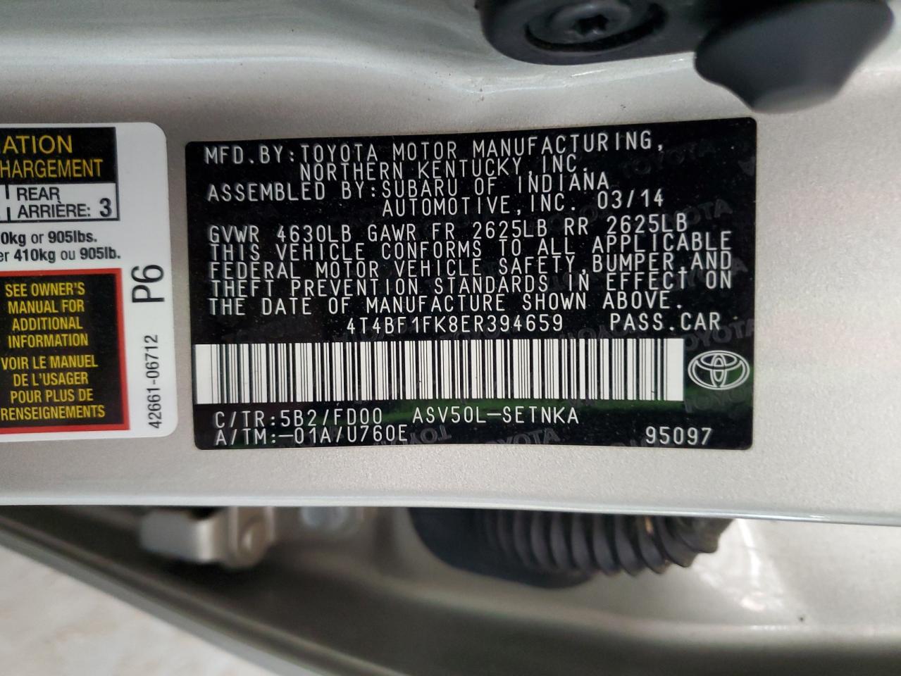 4T4BF1FK8ER394659 2014 Toyota Camry L