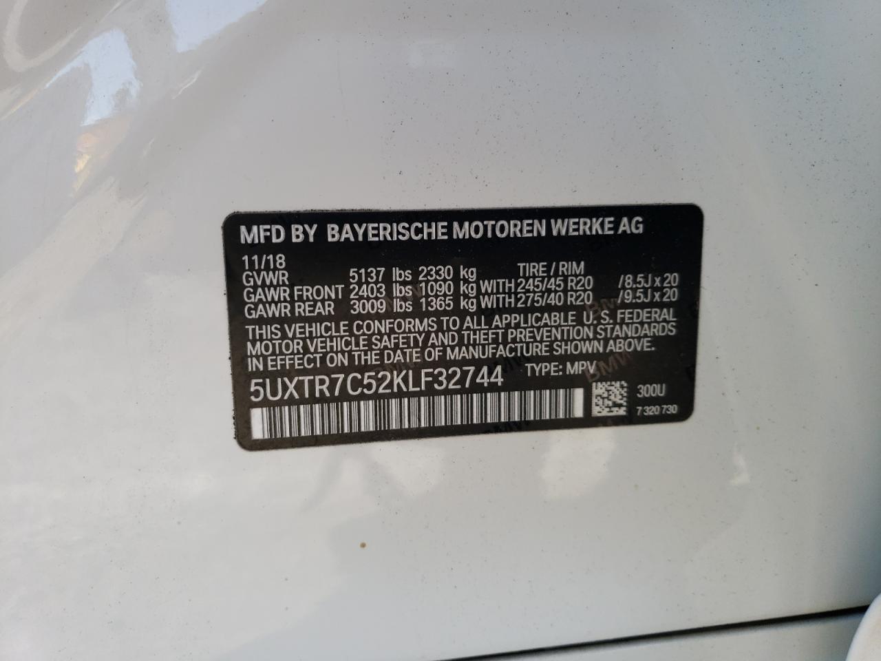 5UXTR7C52KLF32744 2019 BMW X3 Sdrive30I