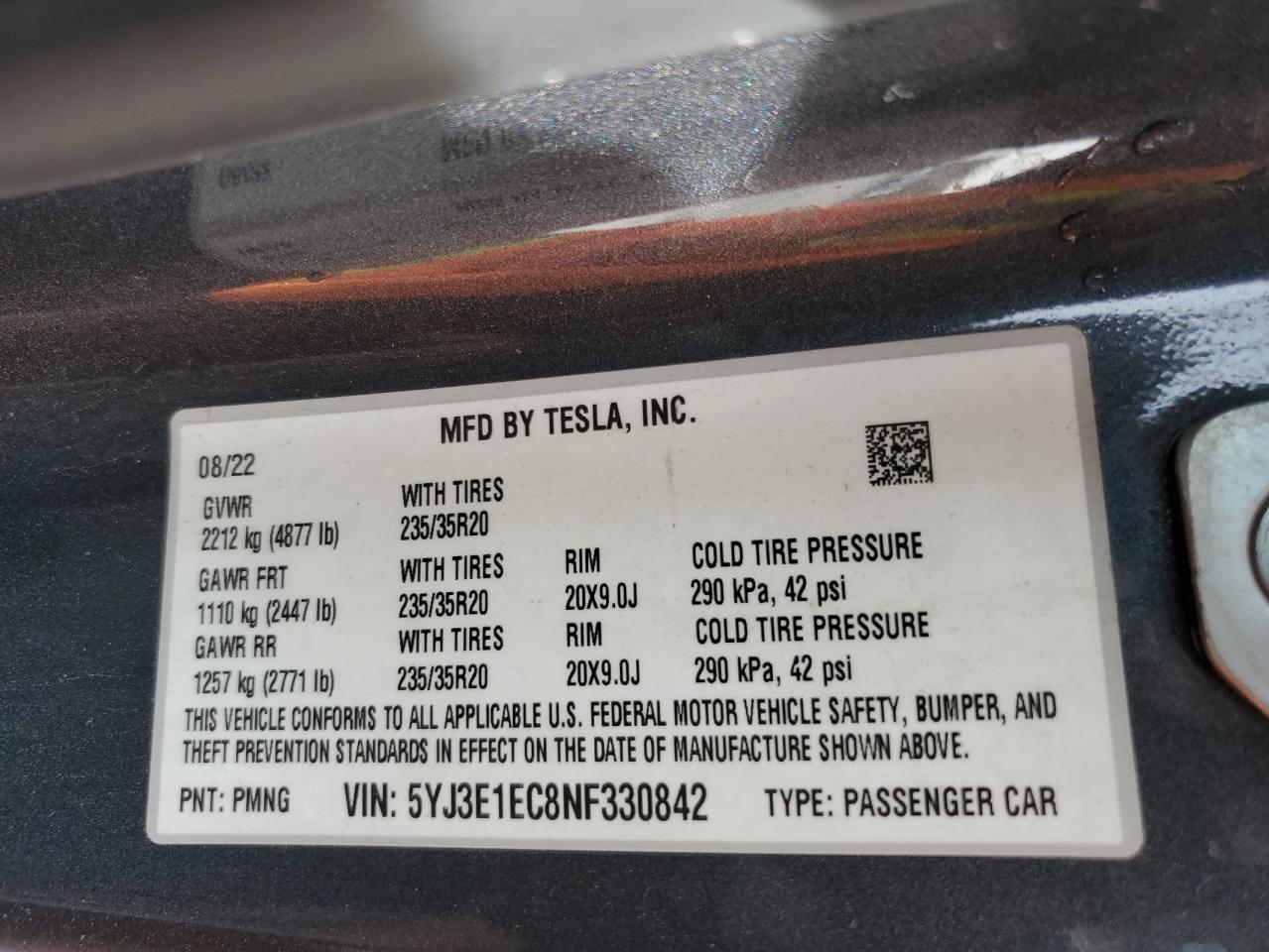 2022 Tesla Model 3 vin: 5YJ3E1EC8NF330842