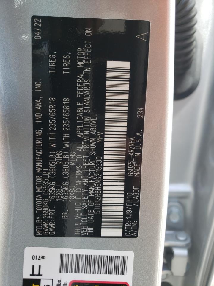 5TDBZRBH6NS215330 2022 Toyota Highlander L