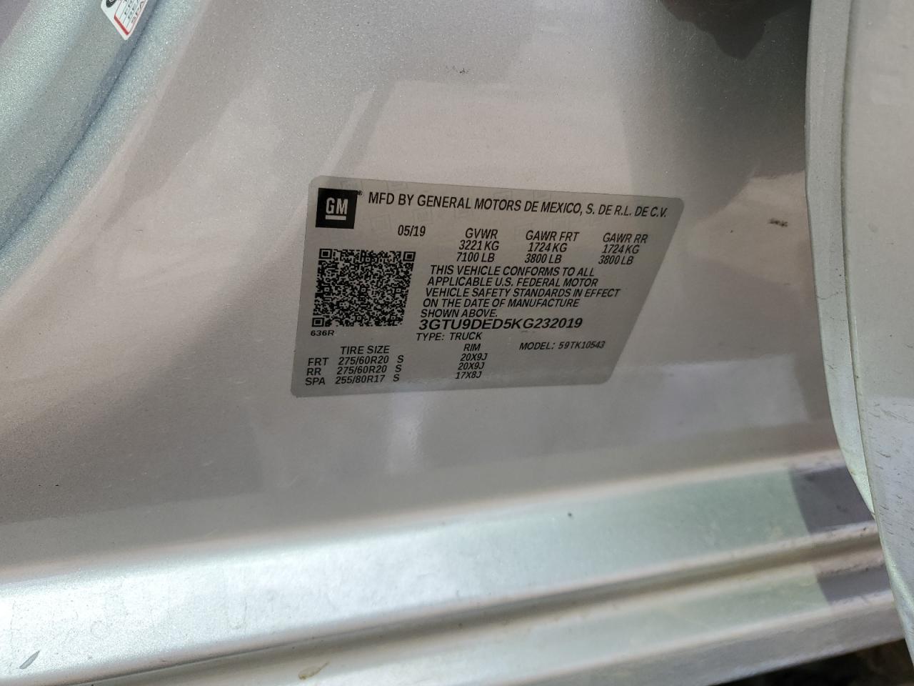 3GTU9DED5KG232019 2019 GMC Sierra K1500 Slt