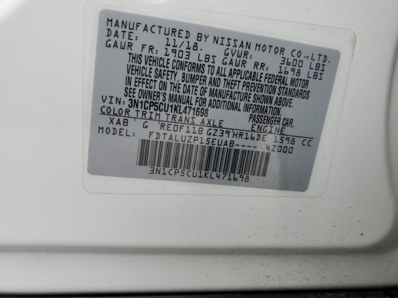 3N1CP5CU1KL471698 2019 Nissan Kicks S