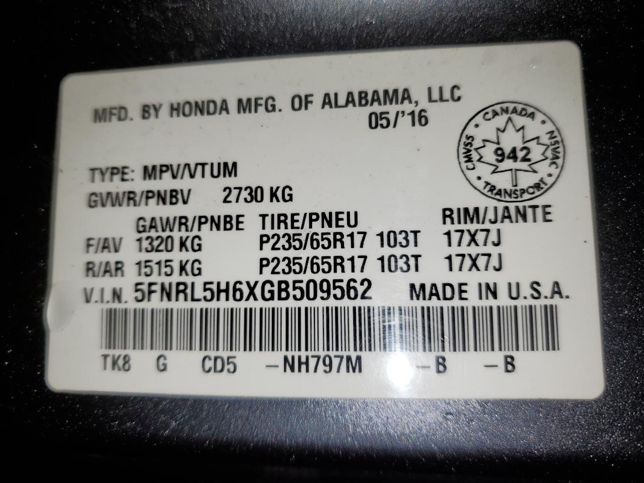 5FNRL5H6XGB509562 2016 Honda Odyssey Exl