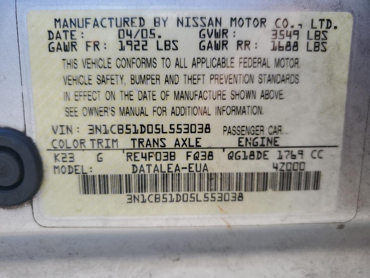 3N1CB51D05L553038 2005 Nissan Sentra 1.8