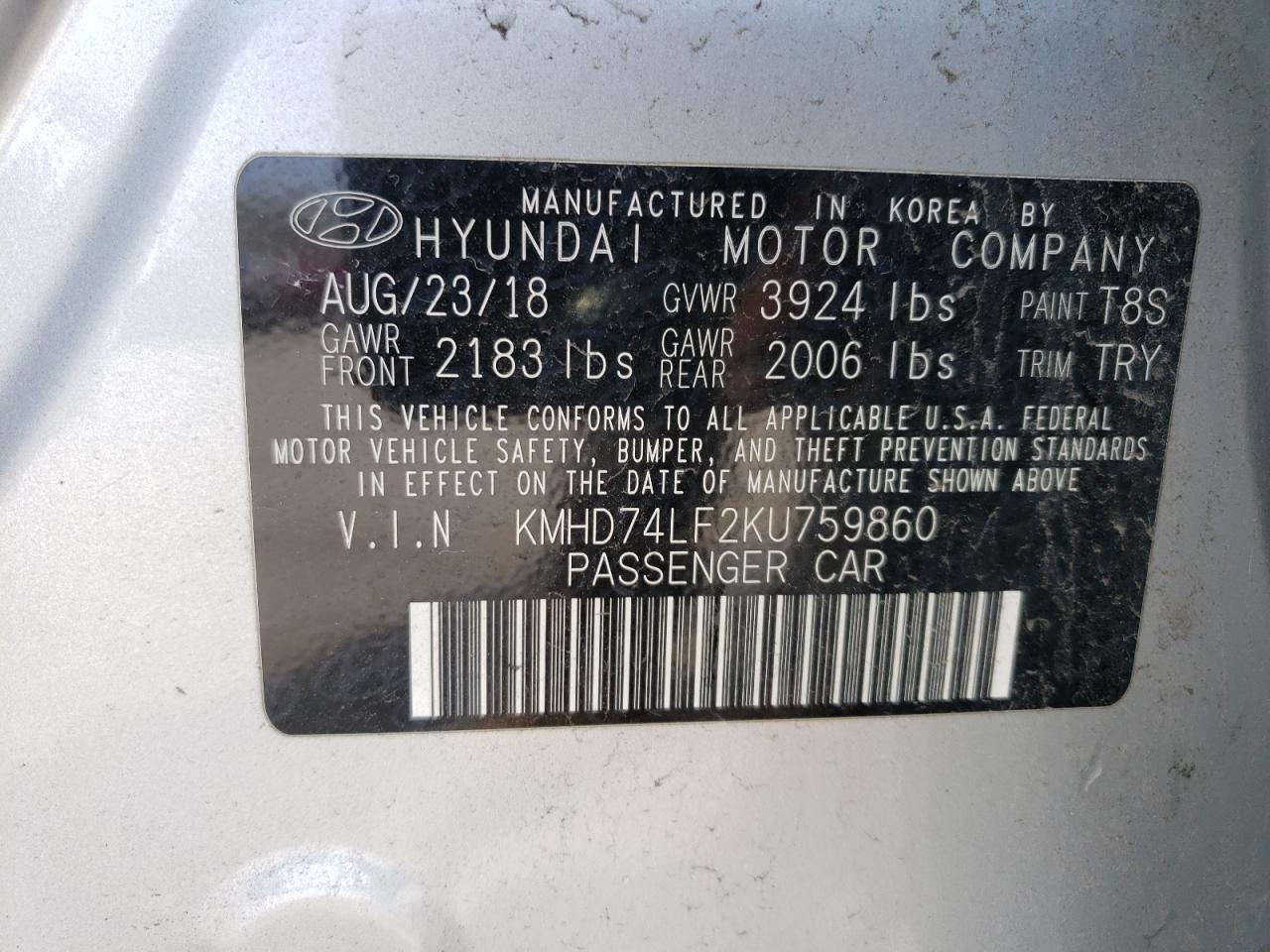 KMHD74LF2KU759860 2019 Hyundai Elantra Se