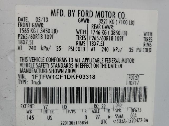 2013 Ford F150 Supercrew VIN: 1FTFW1CF1DKF03318 Lot: 51200984