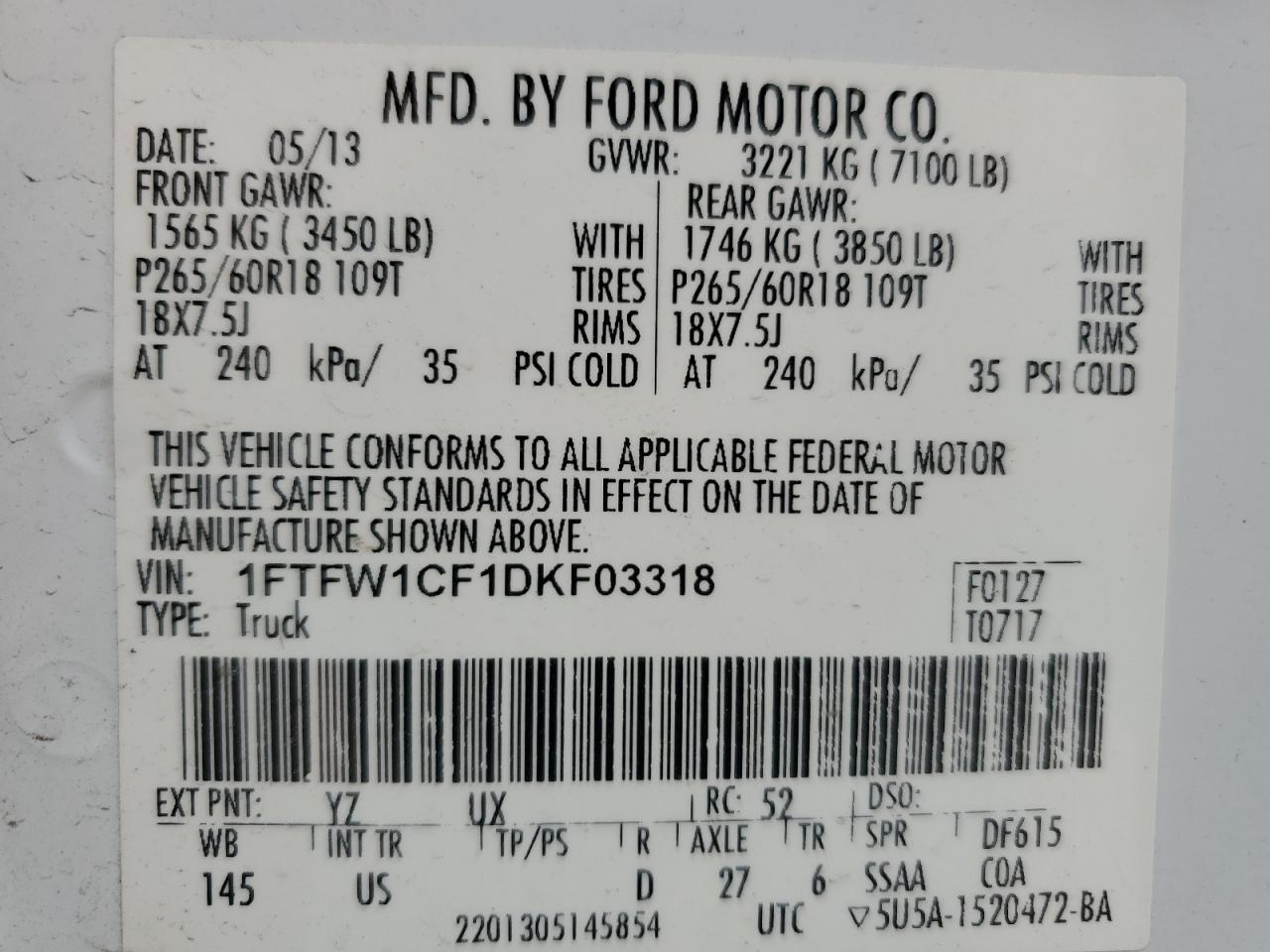 1FTFW1CF1DKF03318 2013 Ford F150 Supercrew