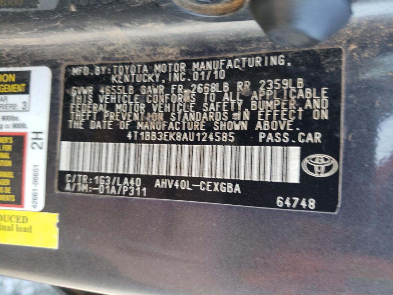 4T1BB3EK8AU124585 2010 Toyota Camry Hybrid