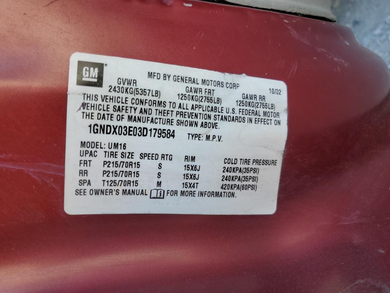 1GNDX03E03D179584 2003 Chevrolet Venture