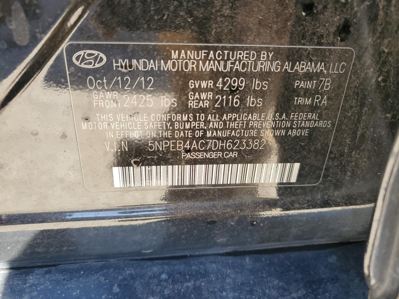 5NPEB4AC7DH623382 2013 Hyundai Sonata Gls