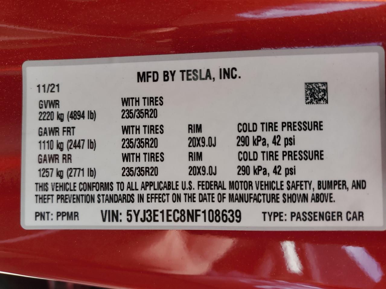 5YJ3E1EC8NF108639 2022 Tesla Model 3