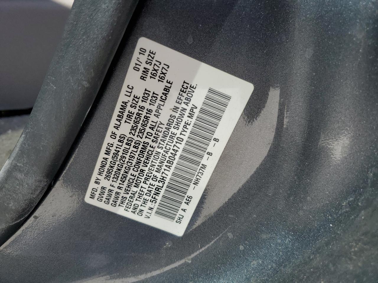 5FNRL3H71AB044710 2010 Honda Odyssey Exl