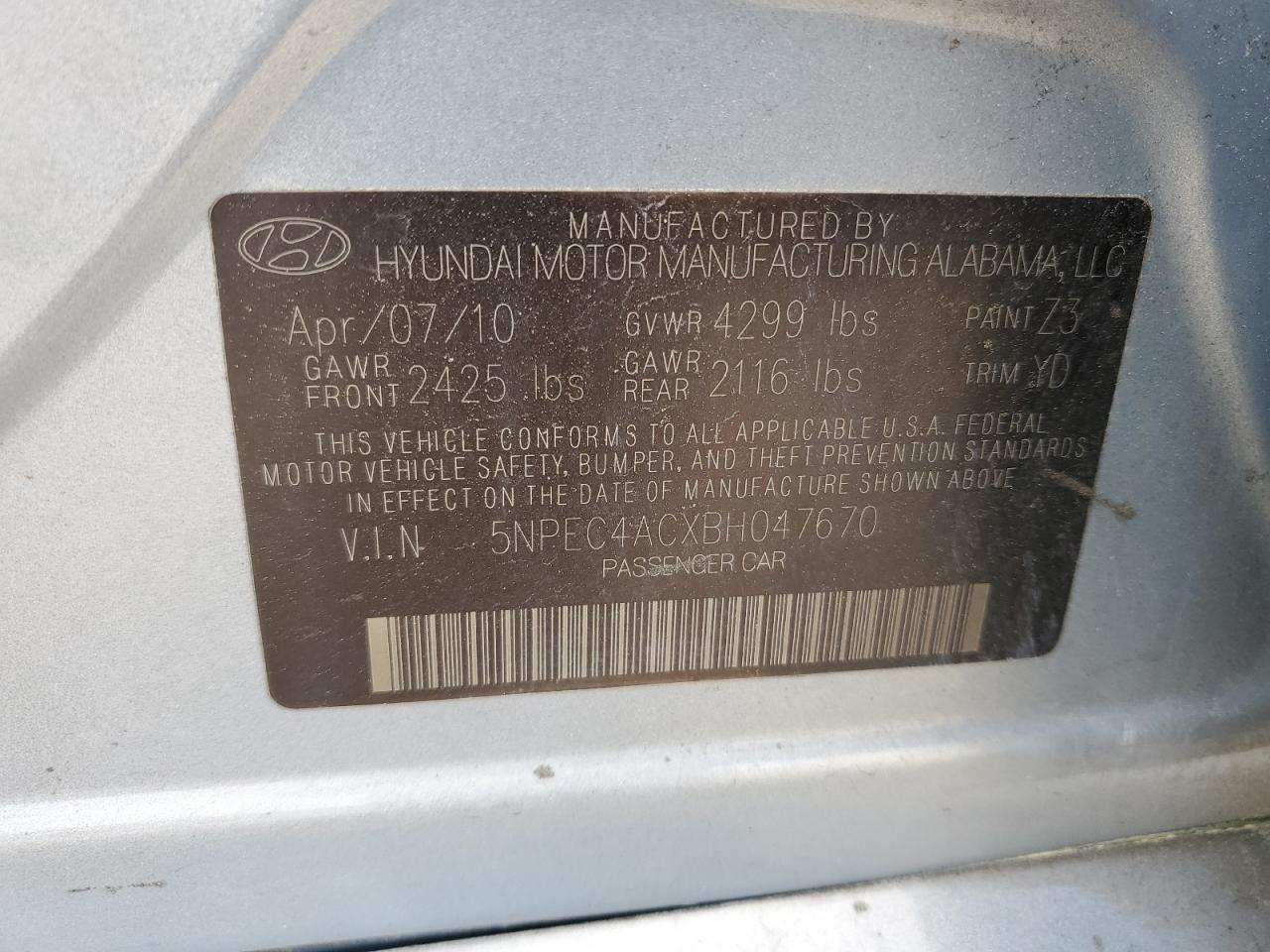 5NPEC4ACXBH047670 2011 Hyundai Sonata Se