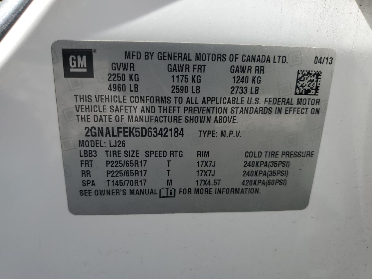2GNALFEK5D6342184 2013 Chevrolet Equinox Ltz