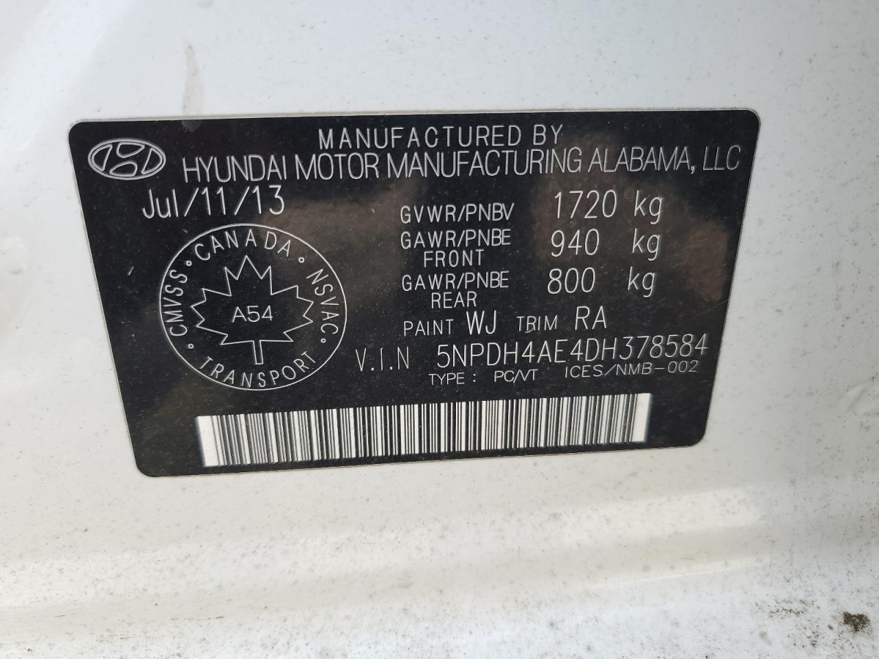 5NPDH4AE4DH378584 2013 Hyundai Elantra Gls