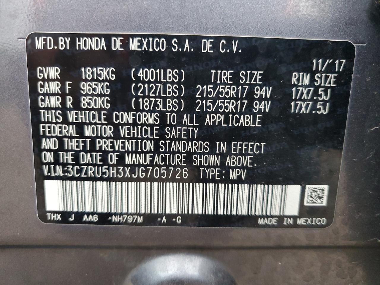 3CZRU5H3XJG705726 2018 Honda Hr-V Lx