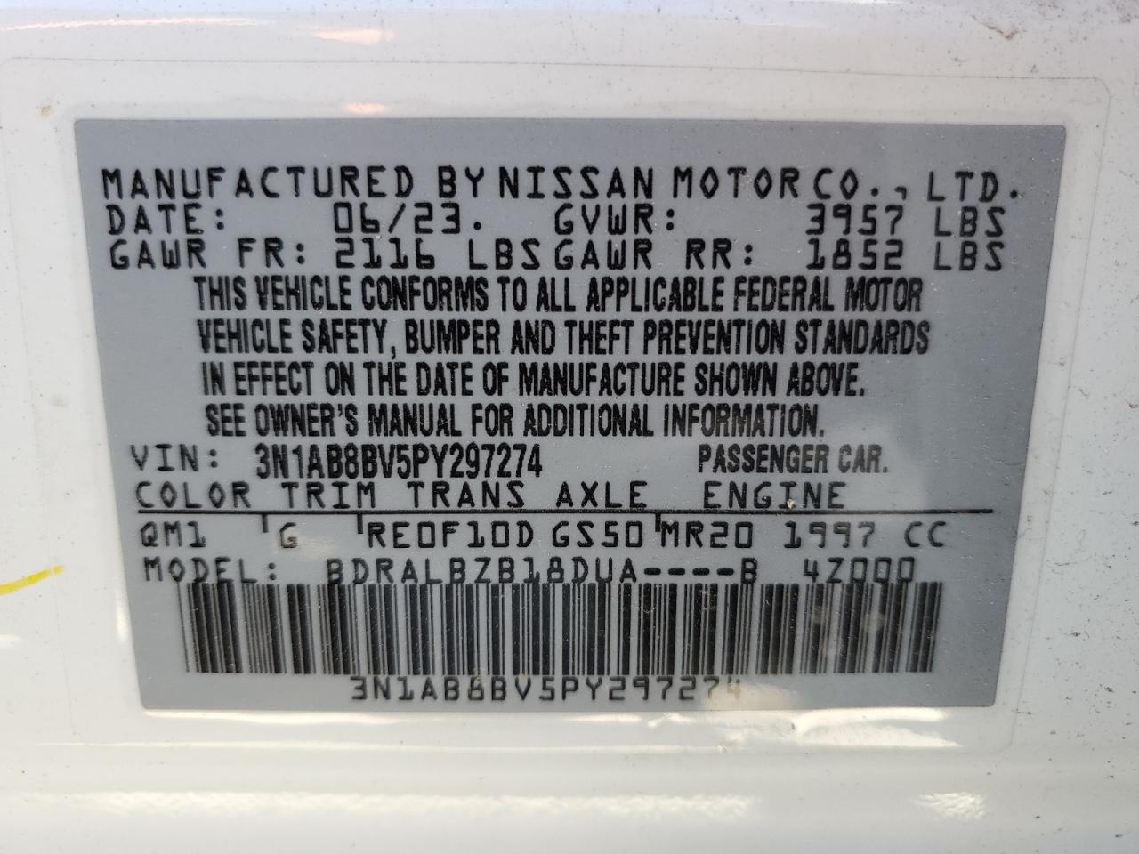 3N1AB8BV5PY297274 2023 Nissan Sentra S