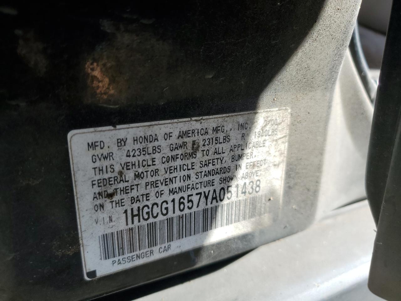 1HGCG1657YA051438 2000 Honda Accord Ex