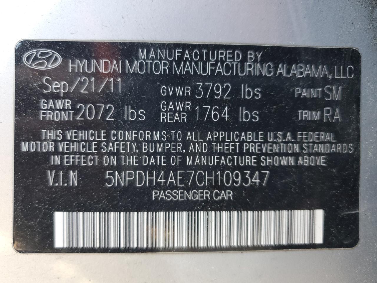 5NPDH4AE7CH109347 2012 Hyundai Elantra Gls