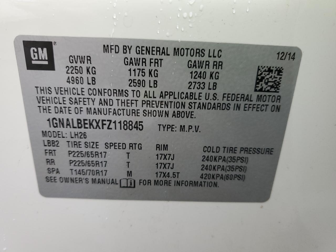 1GNALBEKXFZ118845 2015 Chevrolet Equinox Lt