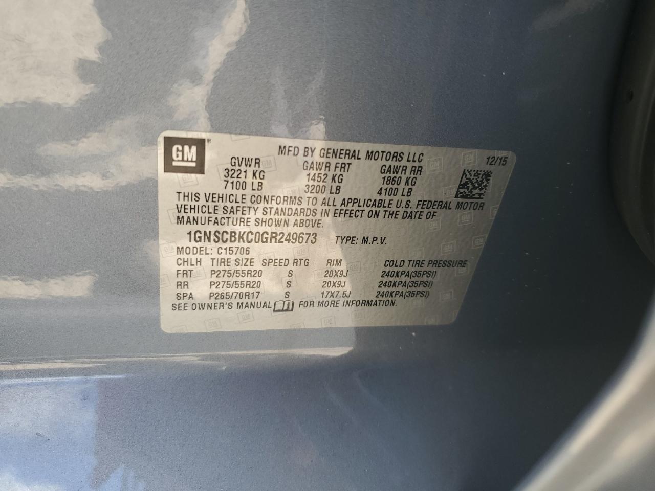 1GNSCBKC0GR249673 2016 Chevrolet Tahoe C1500 Lt