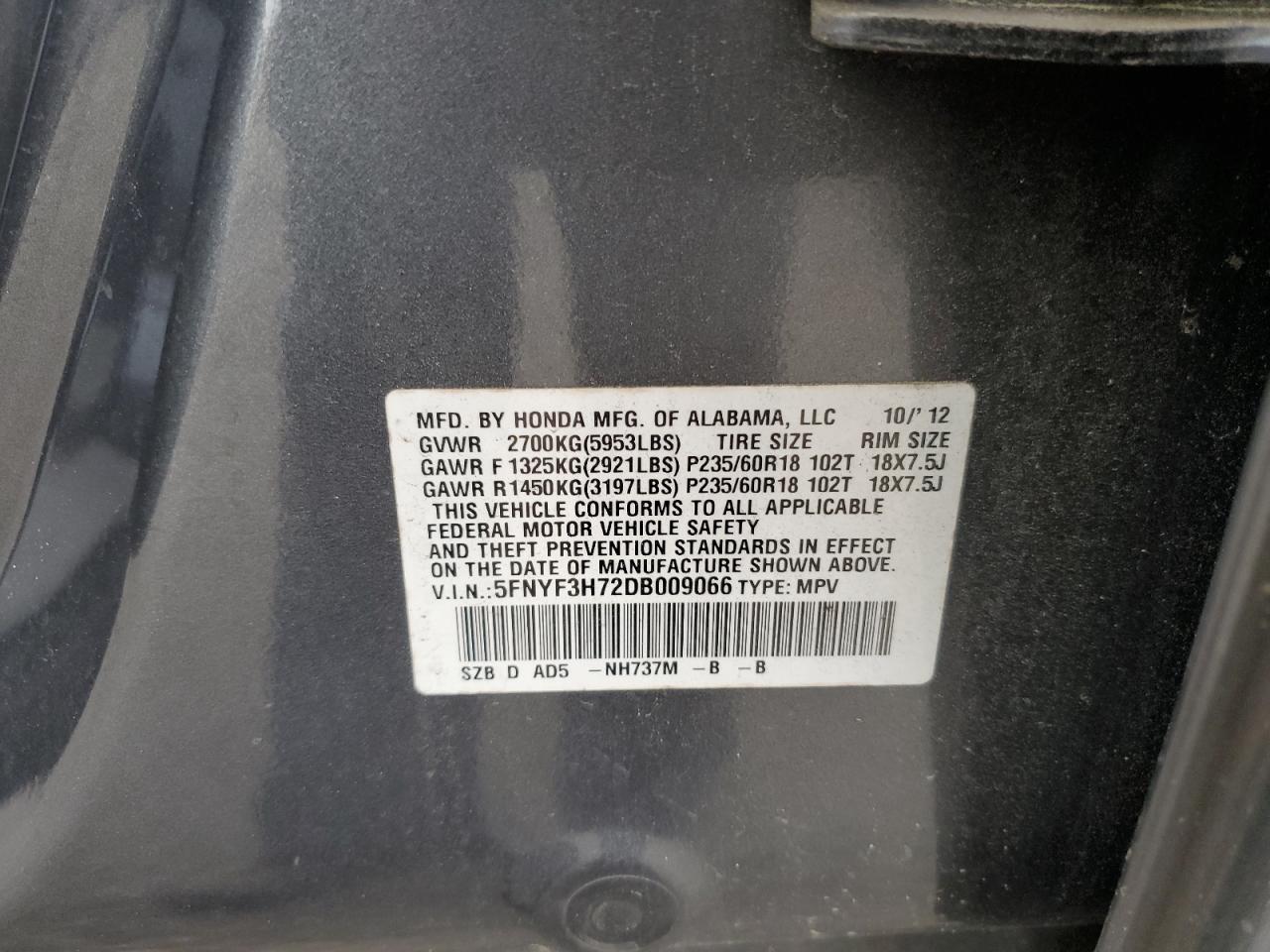 5FNYF3H72DB009066 2013 Honda Pilot Exln