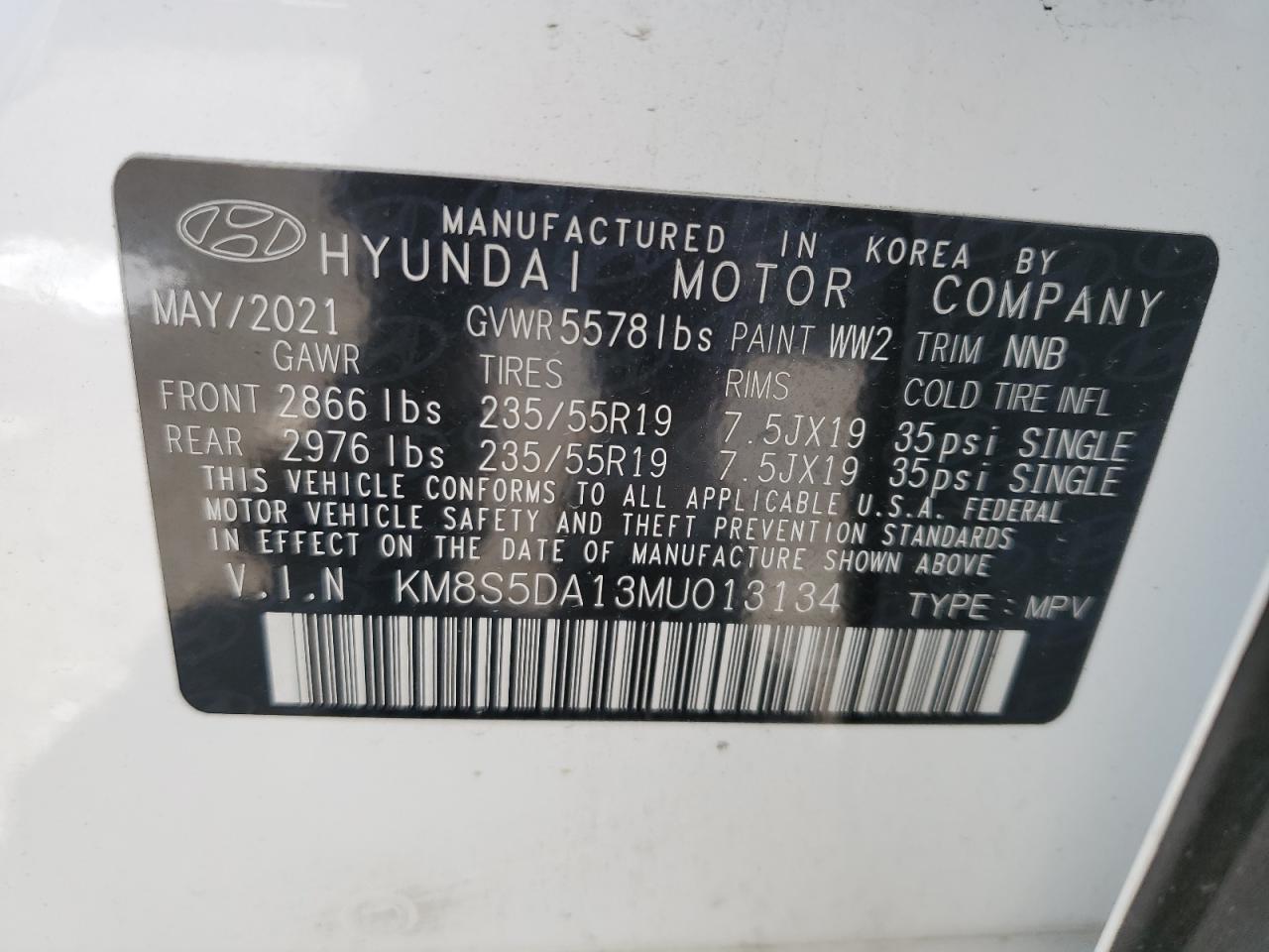 KM8S5DA13MU013134 2021 Hyundai Santa Fe Limited