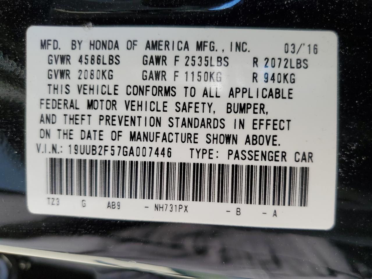 19UUB2F57GA007446 2016 Acura Tlx Tech