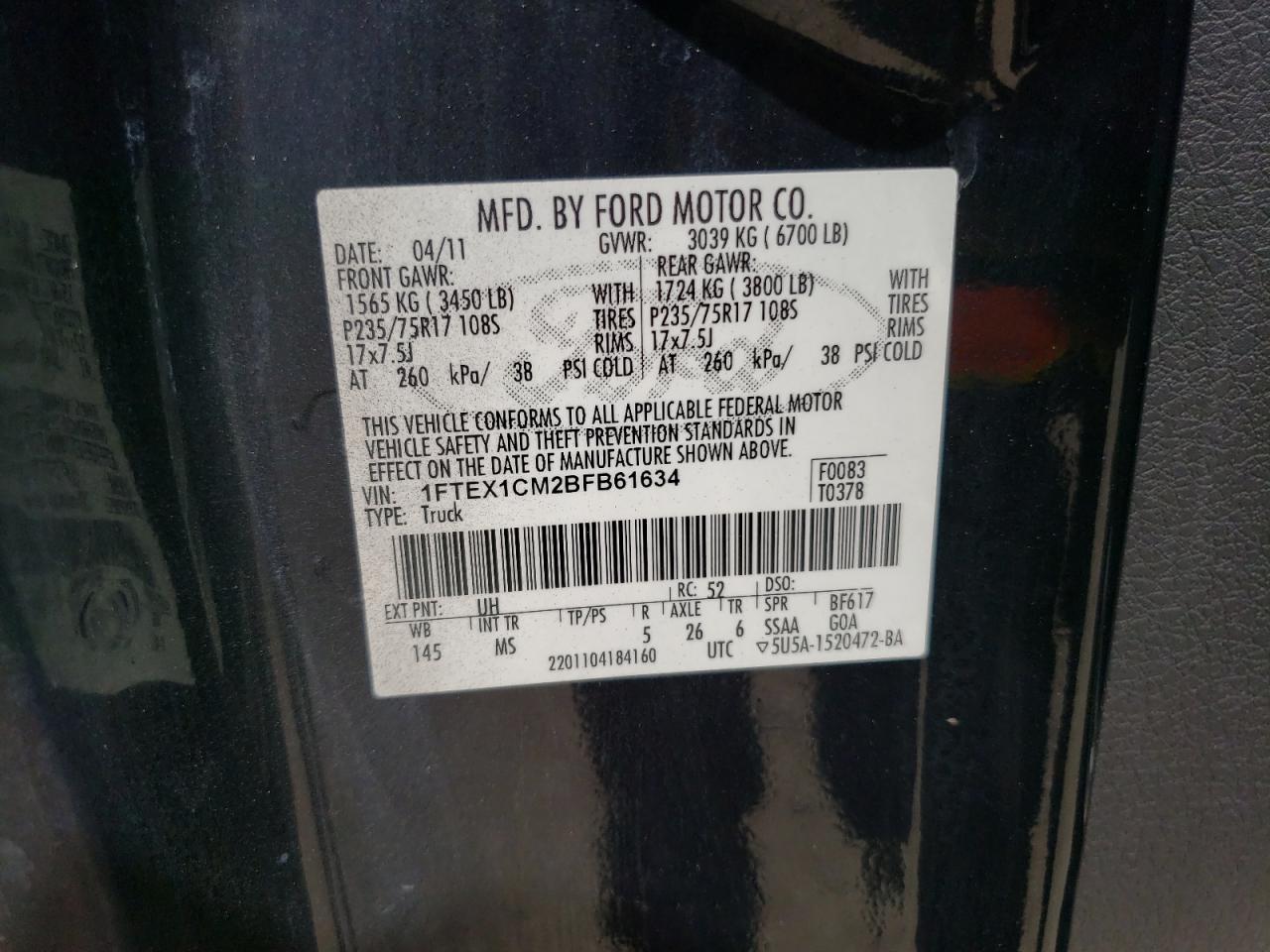 1FTEX1CM2BFB61634 2011 Ford F150 Super Cab