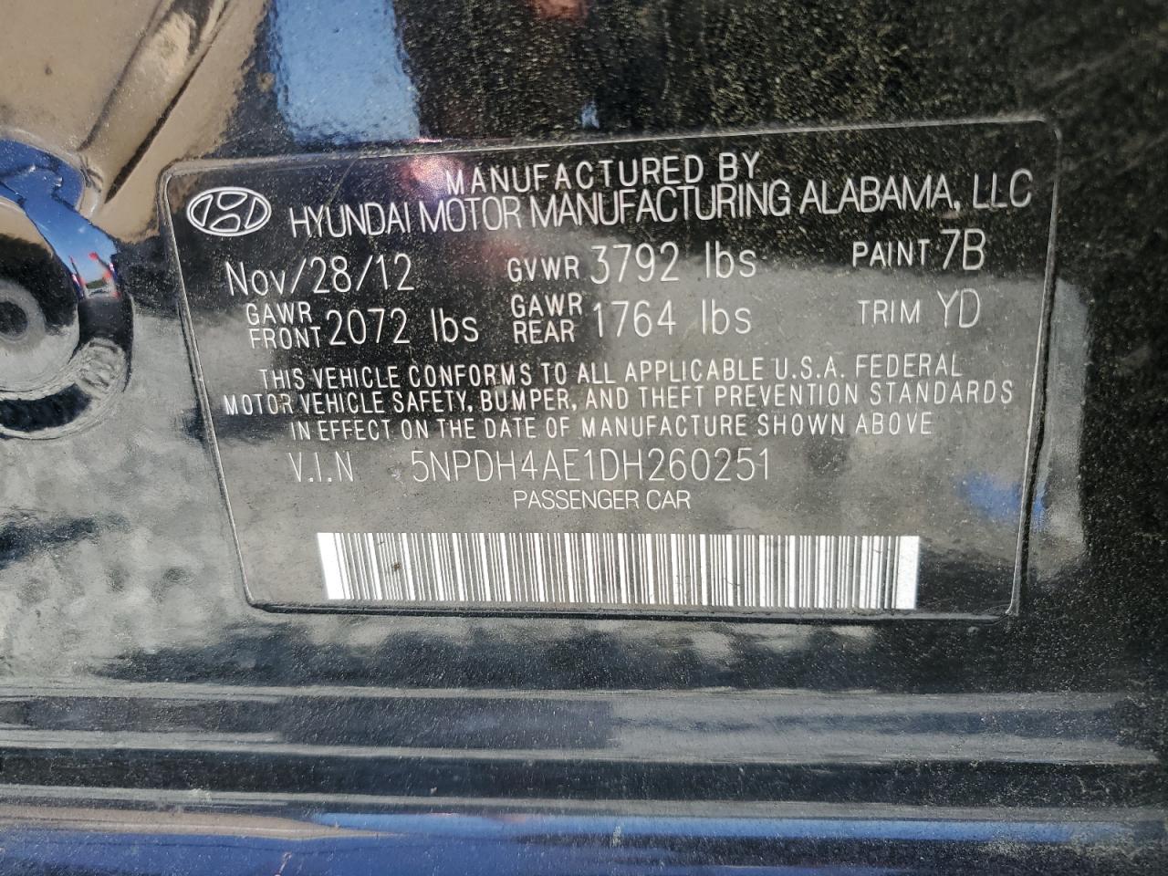 5NPDH4AE1DH260251 2013 Hyundai Elantra Gls