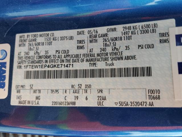 2016 Ford F150 Supercrew VIN: 1FTEW1EP4GKE71471 Lot: 51905234