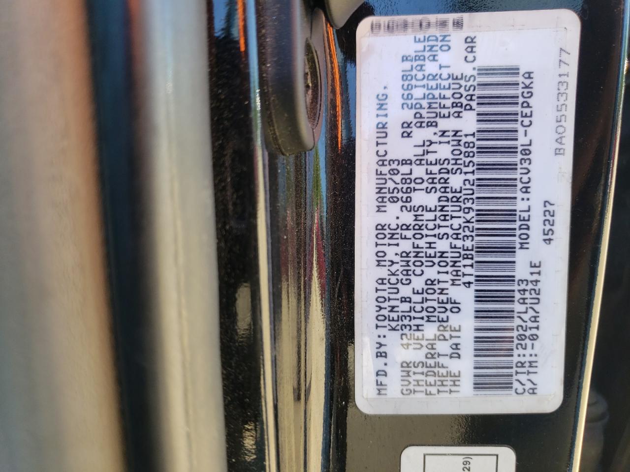 4T1BE32K93U215881 2003 Toyota Camry Le