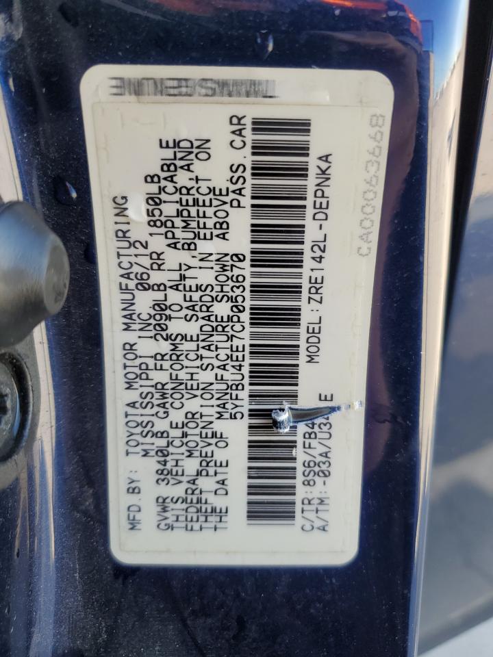 5YFBU4EE7CP053670 2012 Toyota Corolla Base 5YFBU4EE7CP053670 2012 Toyota Corolla Base