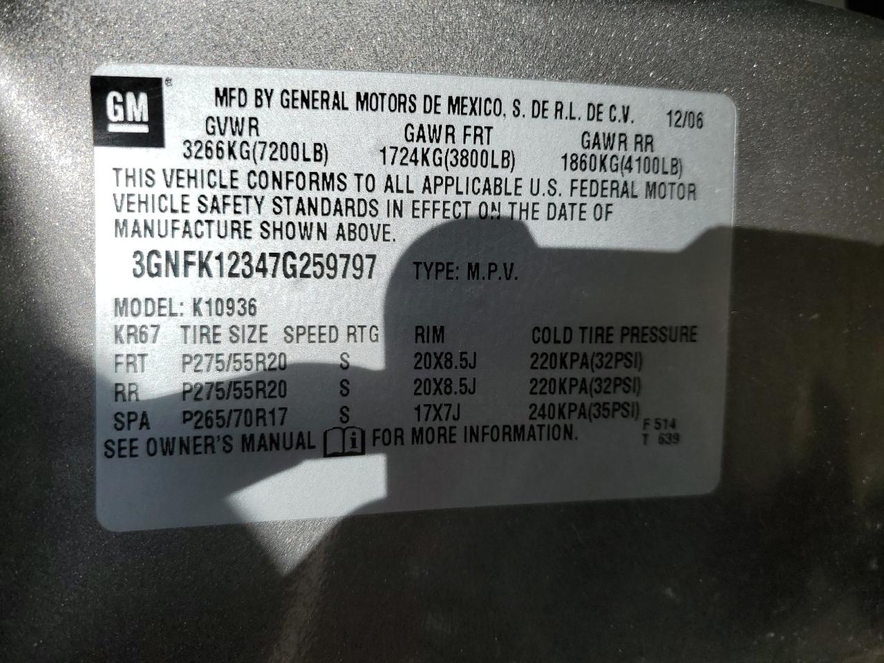 3GNFK12347G259797 2007 Chevrolet Avalanche K1500