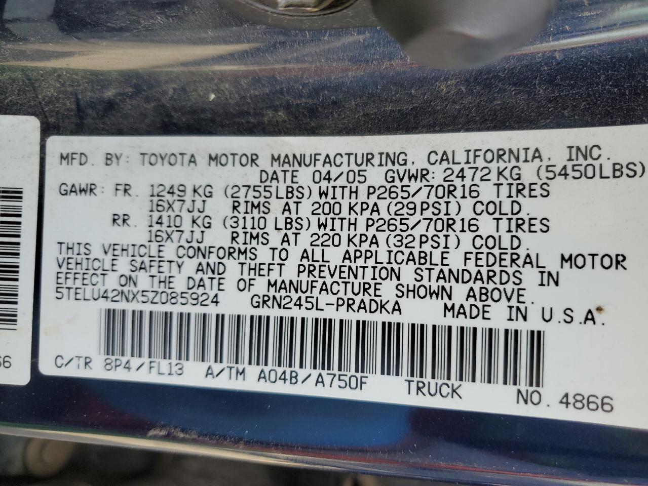 5TELU42NX5Z085924 2005 Toyota Tacoma Double Cab