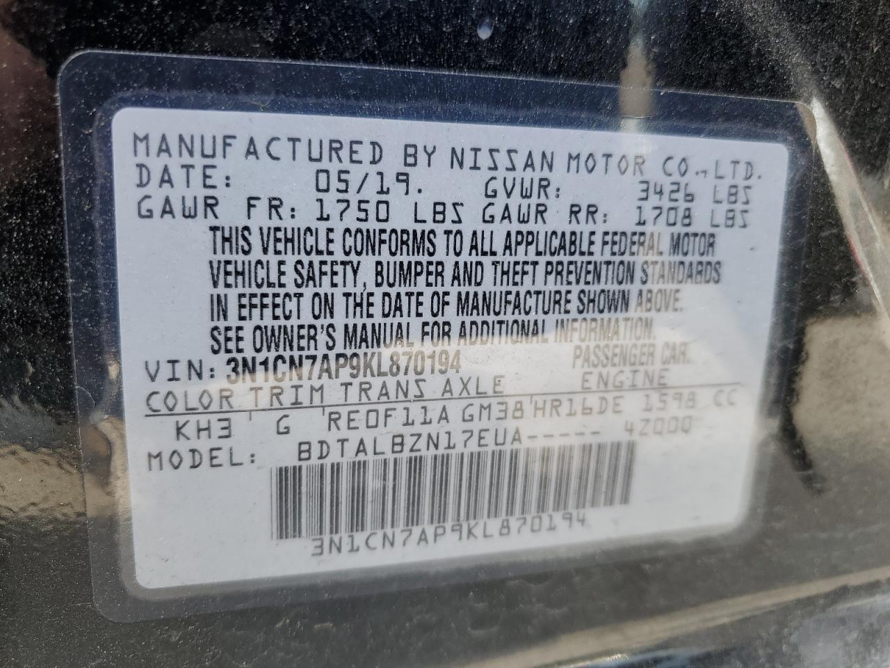 3N1CN7AP9KL870194 2019 Nissan Versa S