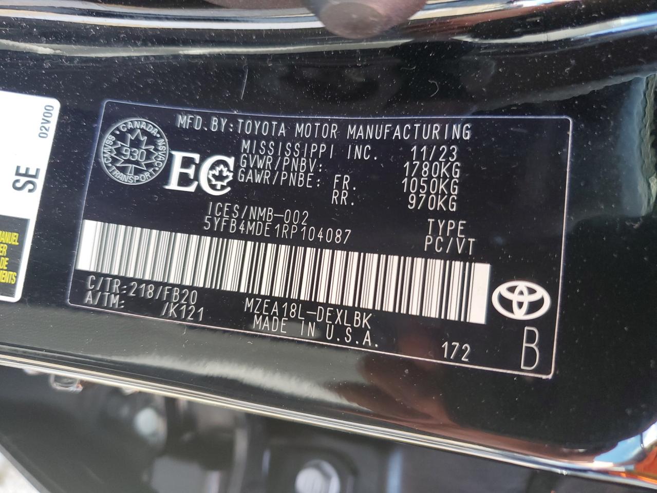 5YFB4MDE1RP104087 2024 Toyota Corolla Le